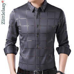Casual Spring Luxury Plaid Long Sleeve Slim Fit Men Shirt Streetwear