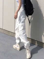 Y2k Button Pockets Patchwork Cargo Pants Women Streetwear High Waist Trousers