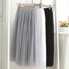 Vintage Tulle Skirt Women Elastic High Waist 3 Layers A-line Pleated Mesh