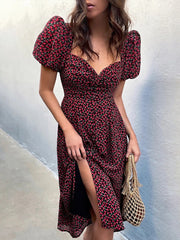 Puff Short Sleeve Women Summer Midi Dress Vintage