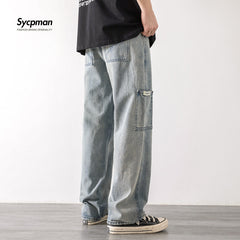 Loose Street Style Straight Cargo Pants Jeans Men Fashion Wide Leg Overalls