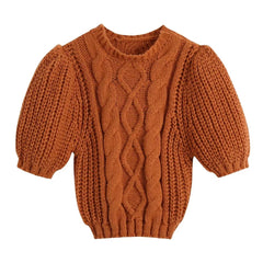 Fashion Cable-Knit Cropped Sweater Vintage O Neck Pullovers Chic Tops