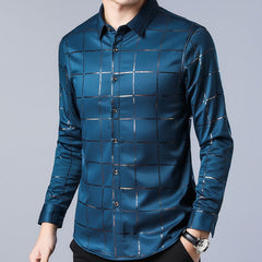 Casual Spring Luxury Plaid Long Sleeve Slim Fit Men Shirt Streetwear