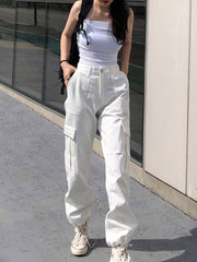 Y2k Button Pockets Patchwork Cargo Pants Women Streetwear High Waist Trousers