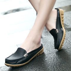 Women Casual Shoes Hollow Out Lady Half Genuine Leather Flats