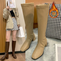Fashion Women Black Block High Heels Long Boots