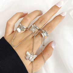 Fashion Chain Link Ring Full Rhinestone Vintage Flower Double Finger Rings