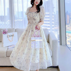 French Vintage Floral Chiffon Square Collar Puff Sleeves A-line Dress