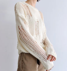 Style Long-sleeved Hole Sweater Asymmetric Hem Loose Pullover