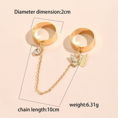 Simple Heart Pendant Chain Link Connected Gold Metal Wide Finger Ring Bracelets