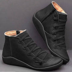 Casual Flat Leather Retro Lace-up Boots Side Zipper Round Toe Shoe Leather Ankle Boots