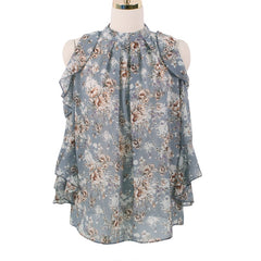 OL Chiffon Shirt Women Off-Shoulder Pullover Floral Loose Blouse