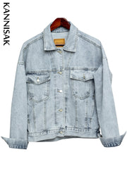 Vintage Women Jacket Oversize Denim Jackets Washed Blue Jeans Coat