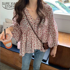 V-neck Chiffon Shirt Women Sweet Tops Blouse