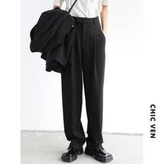 Simple Casual Women Twill Suit Pants Wide Leg Pants Straight Floor Pants
