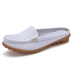 Women Casual Shoes Hollow Out Lady Half Genuine Leather Flats