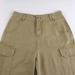 Khaki Cargo Pants High Waist Baggy Pocket Patchwork Knee Length Shorts Vintage