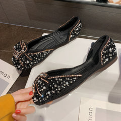Women Flat Shoes Fashion Bling Rhinestone Flat Ballet Bow-knot Slip On