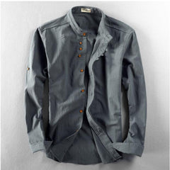 Cotton Linen Shirts Long Sleeve Men Casual Slim Mandarin Collar Shirts