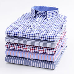 Mens Striped Plaid Oxford Spinning Casual Long Sleeve Shirt