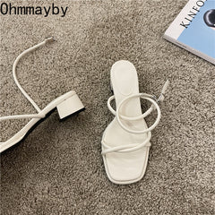 Narrow Band Women Sandal Shoes Fashion Thick Heel Ladies Elegant Open Toe