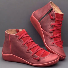 Casual Flat Leather Retro Lace-up Boots Side Zipper Round Toe Shoe Leather Ankle Boots