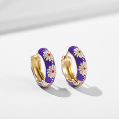 Vintage Enamel Flower Small Hoop Earrings Trendy Geometric Statement