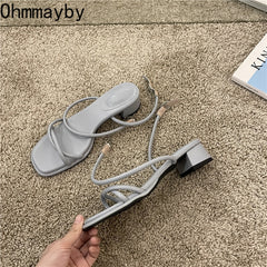 Narrow Band Women Sandal Shoes Fashion Thick Heel Ladies Elegant Open Toe