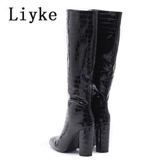 Pointed Toe Zip Knee High Boots Fashion Pink Snake Print Square Heels