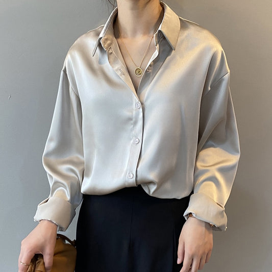 Autumn Fashion Button Up Satin Silk Shirt Vintage Blouse