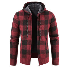 Autumn Winter Thick Cardigan Plaid Sweater Hooded Fashion