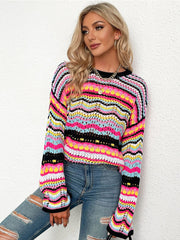 Aprms Multi Color Blocked Knitted Pullover Women Summer Casual Flare Sleeve