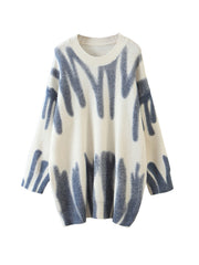 Elegant Green Striped Print Pullovers Winter O-Neck Loose Long Sweaters