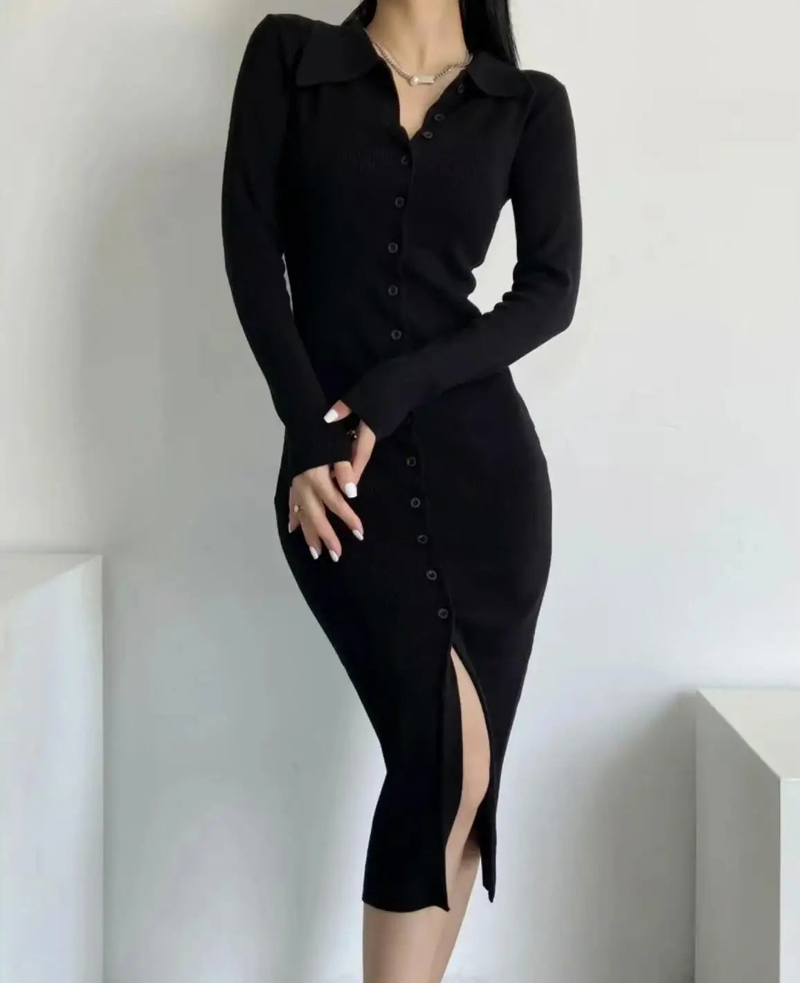 Single-Breasted Buttons Bodycon Dresses Midi Slit Long Sleeve Sweater