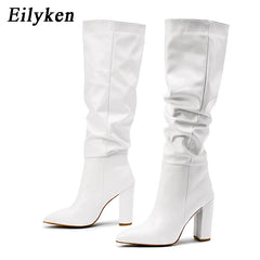 Fashion Knee High Boots Sexy Pointed Toe Square Heels