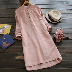 Vintage Long Sleeve Buttons Cotton Mini Shirt Dresses