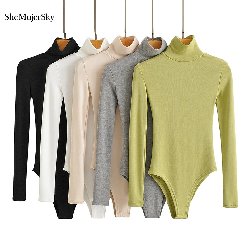 Solid Color Turtleneck Bodysuit Tops Long Sleeve