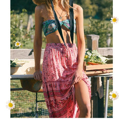 Boho Hippie Women Elastic Waist Beach Skirt  Pink Floral Printed