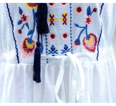 Cotton Floral Embroidered Maxi Dress O-neck Tassel Lantern Sleeve