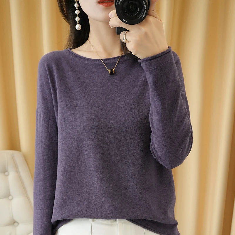 Knit Sweater Crimped Edge O-Neck Pullover Tops Clothes