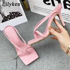 Slipper High Heels Shoes  Square Head Toe Clip-On Women Sandals