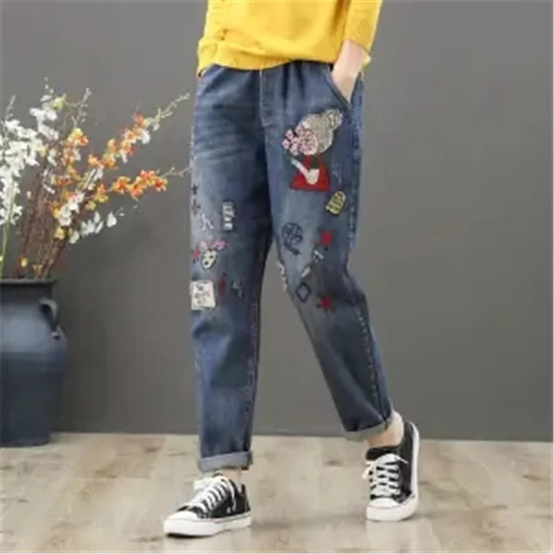 Elastic Waist Jeans Retro Jeans Female Girl Patch Pocket Embroidery