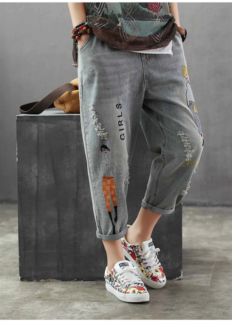 Fashion Style Vintage Embroidery Ankle-length Denim Jeans