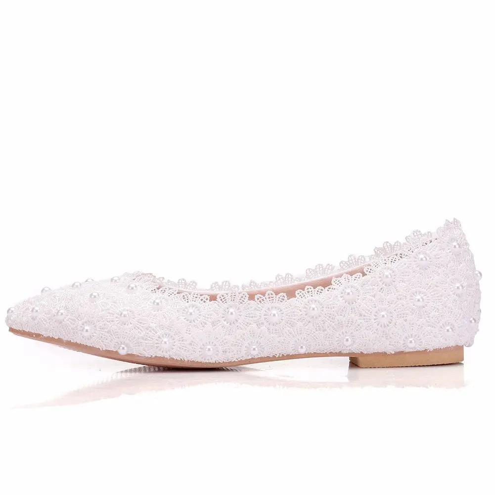 White Lace Pearls Women Wedding Shoes Heel Casual