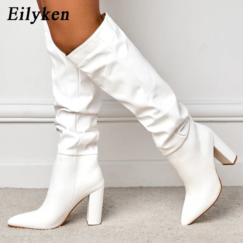 Fashion Knee High Boots Sexy Pointed Toe Square Heels