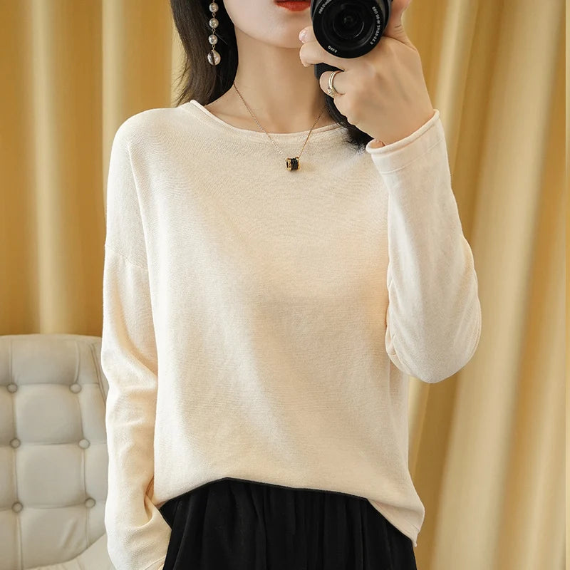 Knit Sweater Crimped Edge O-Neck Pullover Tops Clothes