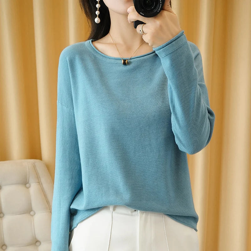 Knit Sweater Crimped Edge O-Neck Pullover Tops Clothes