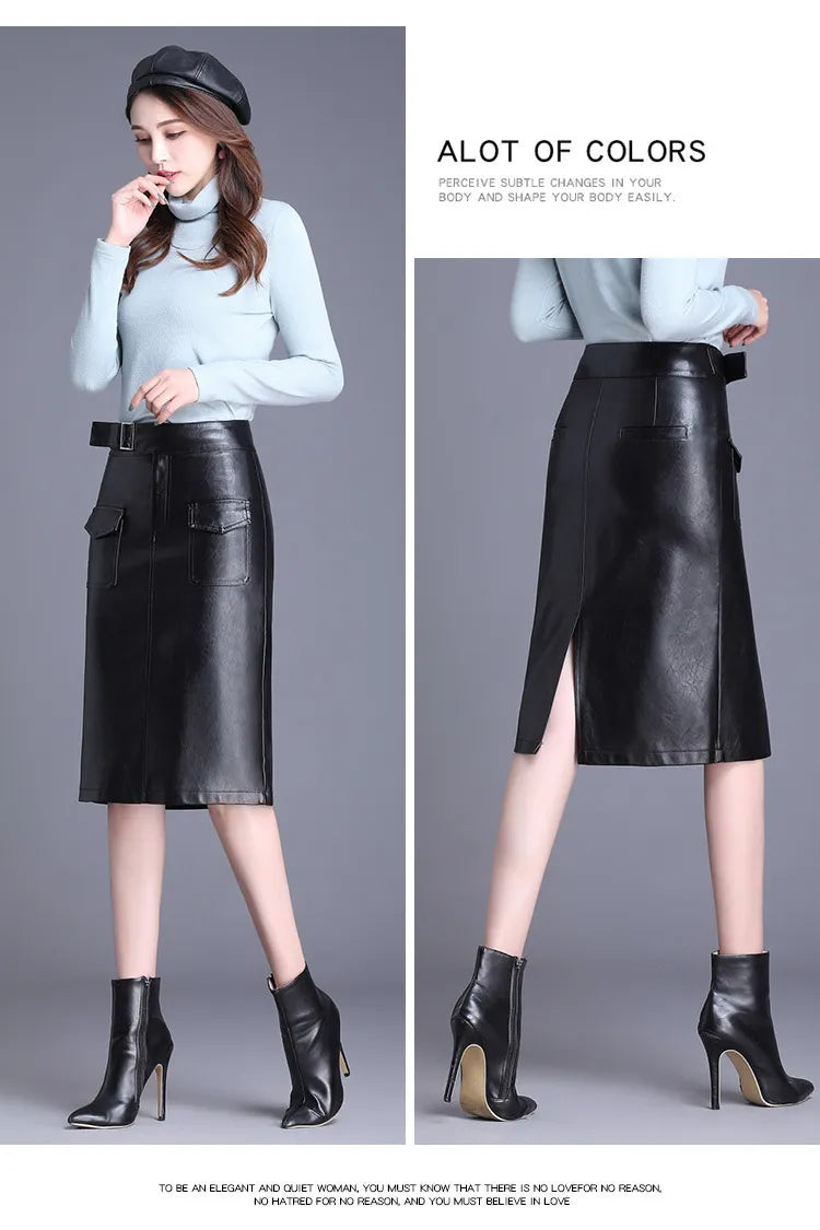 Straight Skirts Solid Color Casual PU Leather Knee Length