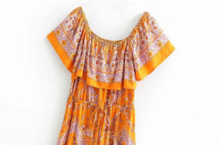 ruffles off shoulder women jumpsuit vintage cotton orange floral print Wide leg