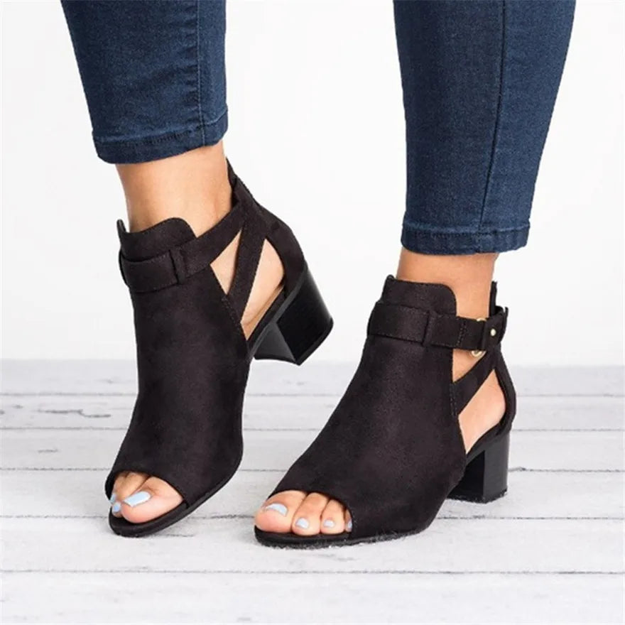 Peep Toe Square Heel Sandals Solid Flock Buckle Strap Gladiator Pumps